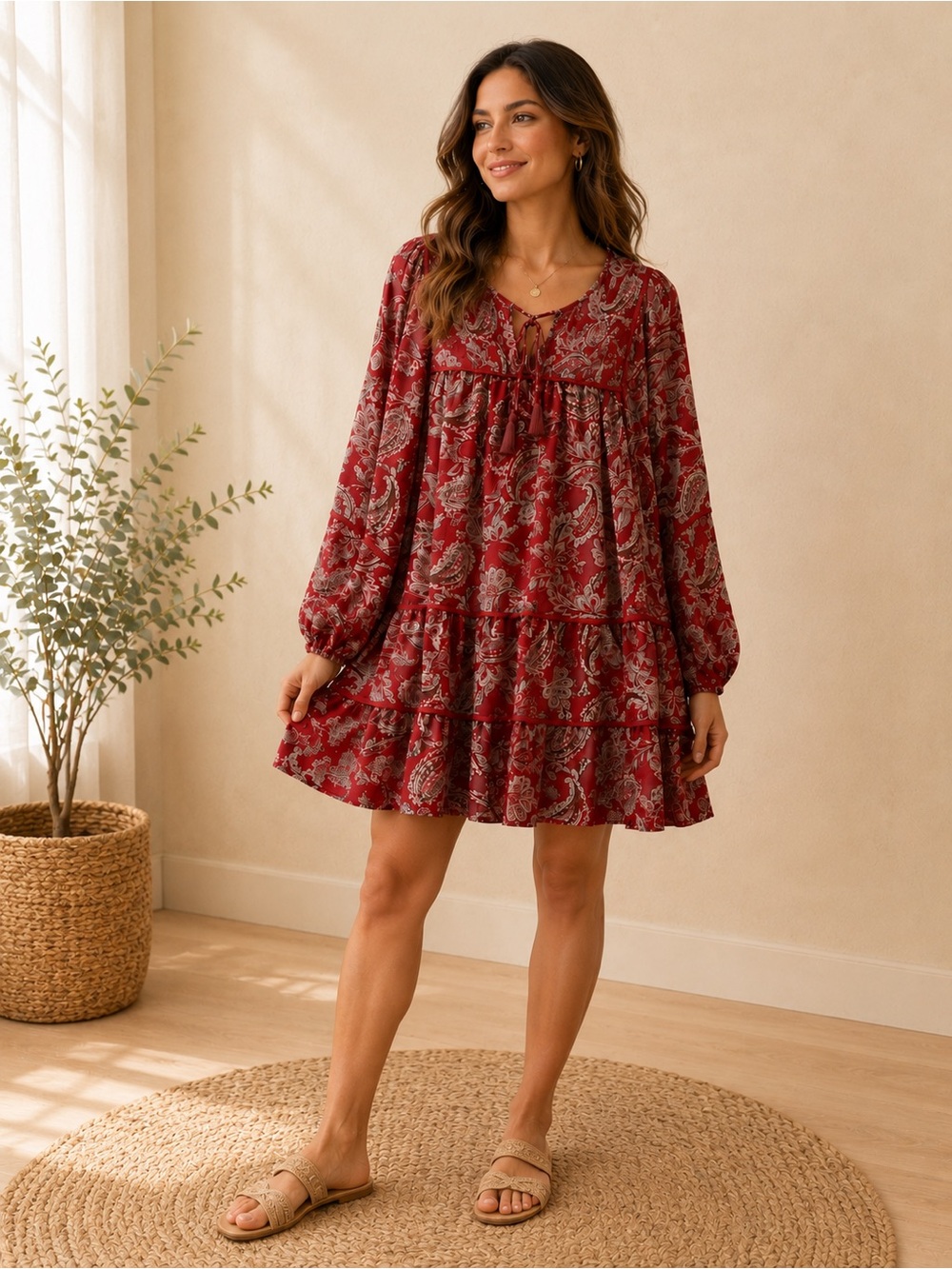 Love Tree Red Paisley Boho Tiered Mini Dress Women’s Small S Long Sleeve